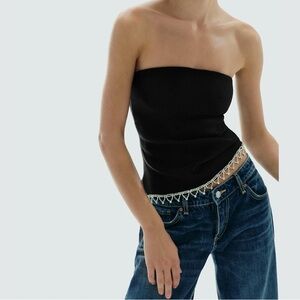 Black Strapless Fringe Hem Tube Top